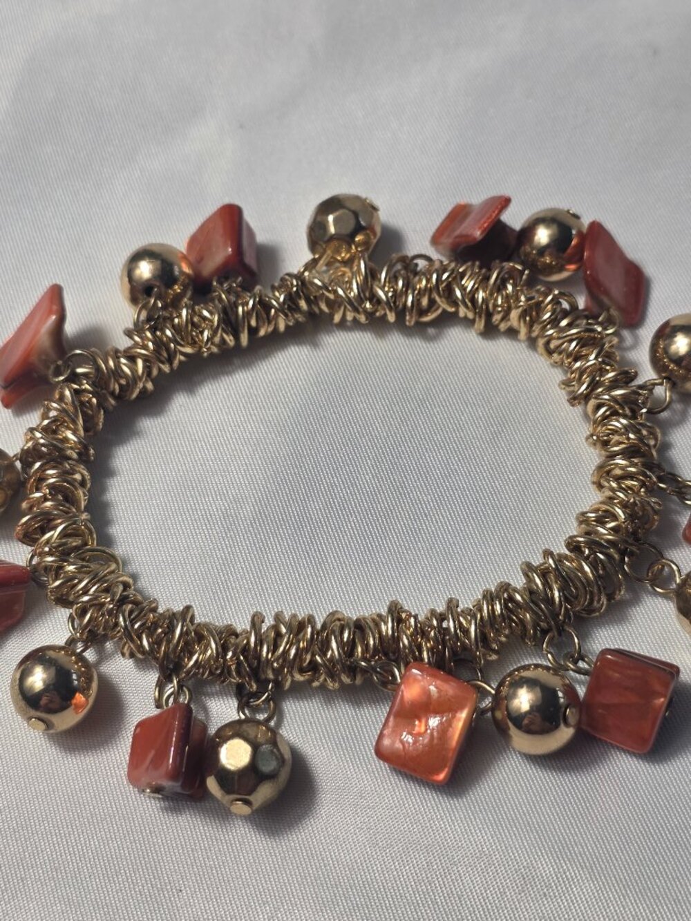Gold-Toned Chunky Charm Bracelet Salmon Colored Shell Nuggets & Round Gold Beads